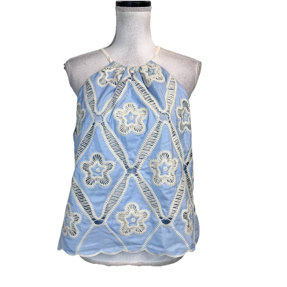 Flying Tomato Blouse Top Tank size Medium Baby Blue Ivory Floral Embroidery Boho